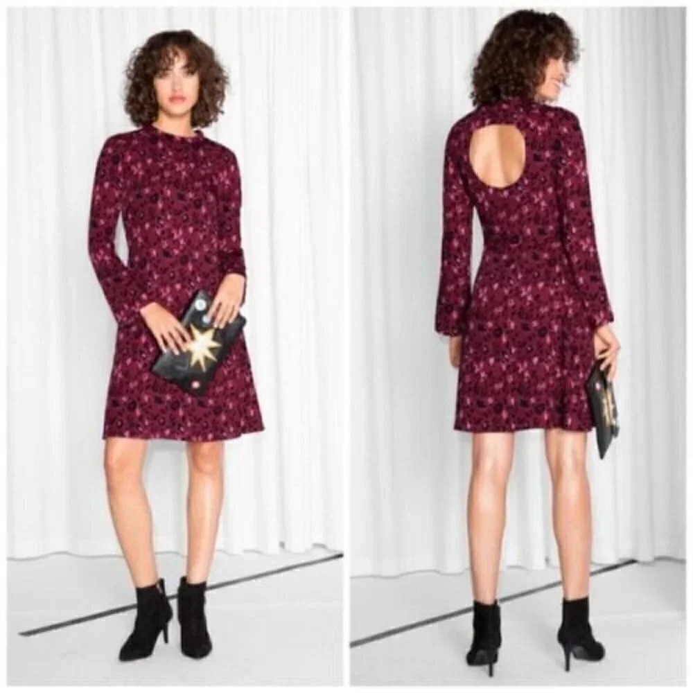 & Other Stories Size 4 Red and Black Leopard Print Open Back Flare Dress NEW!